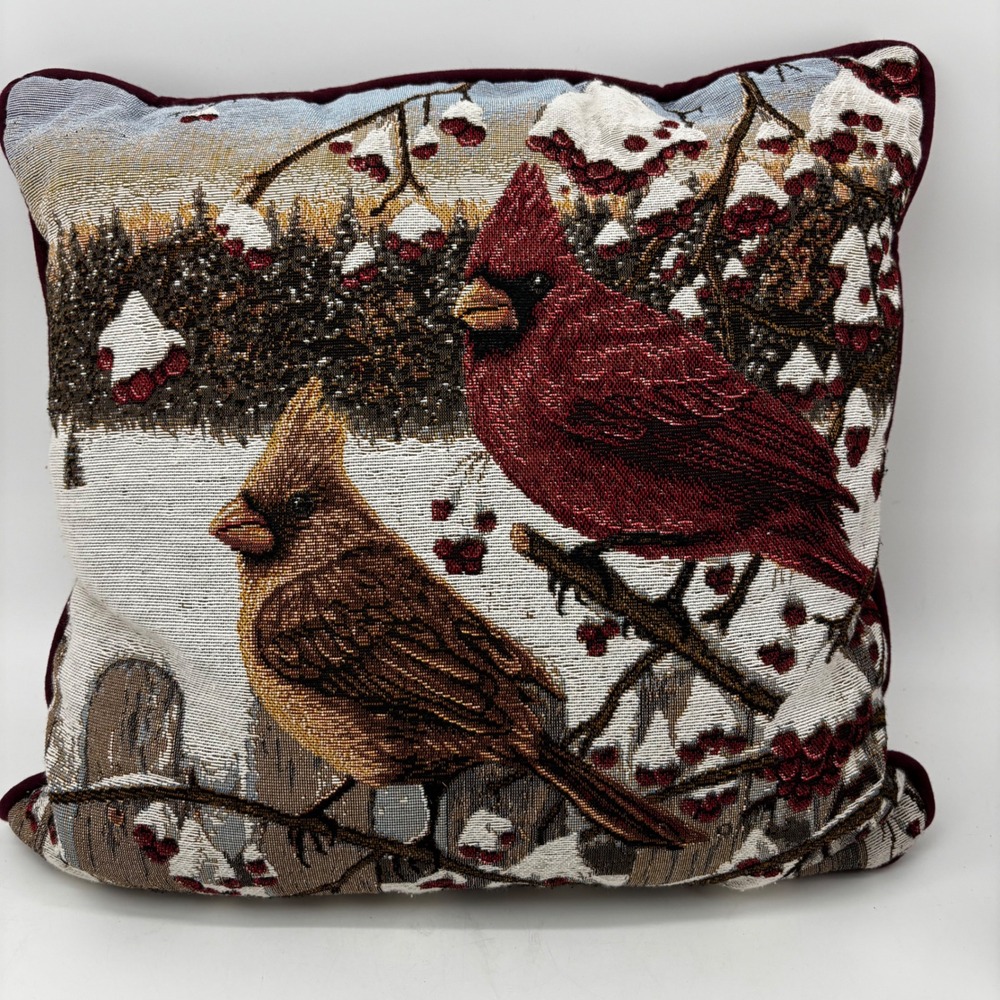Winter Cardinal Woven Tapestry Throw Pillow Red Bird Holiday Decor 12.5x12.5